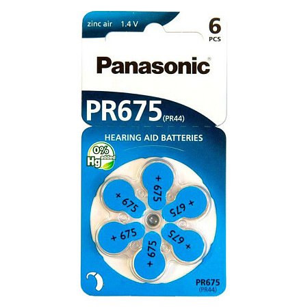 Дисковые батарейки Panasonic PR-675H/6LB, PR675, 605мА·ч, 6шт.