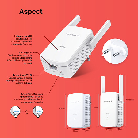 Wi-Fi + Powerline адаптер MERCUSYS MP510 KIT, AV1000, 1000 Мбит/с, Белый