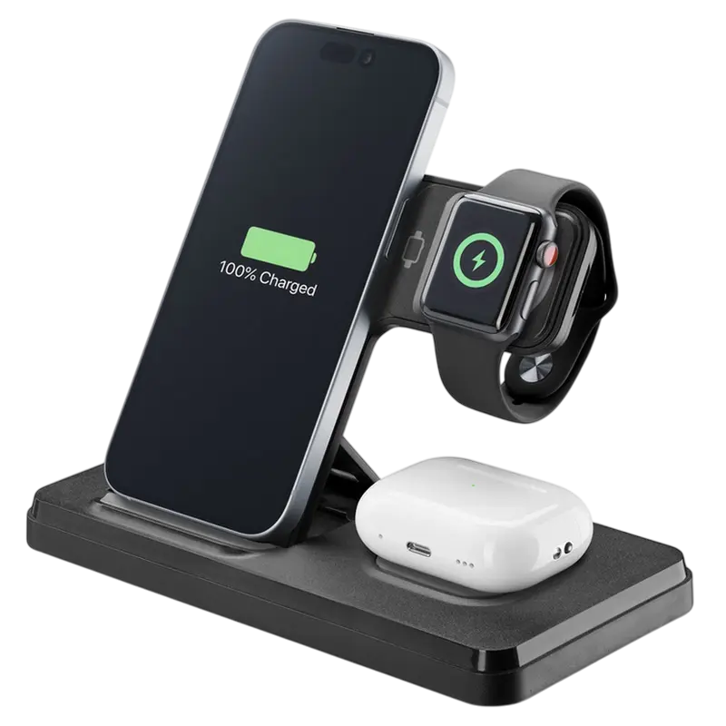 Беспроводная зарядка Cellularline Triple Station 3 in 1, 15Вт, Чёрный
