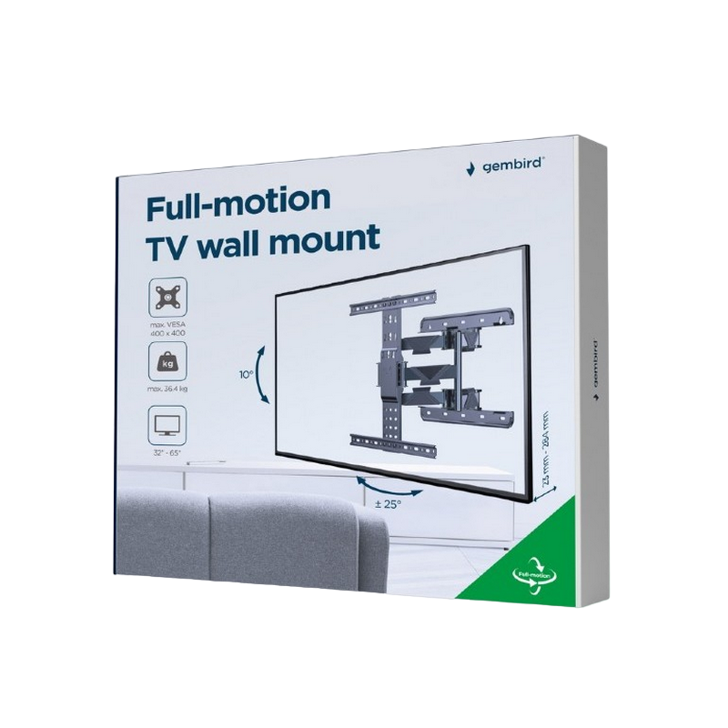 Wall Mount  Gembird "WM-65ST-01" Black 32"-65", 36kg, VESA:up 400x400, Wall dist:23 - 284mm ±25°,±5°