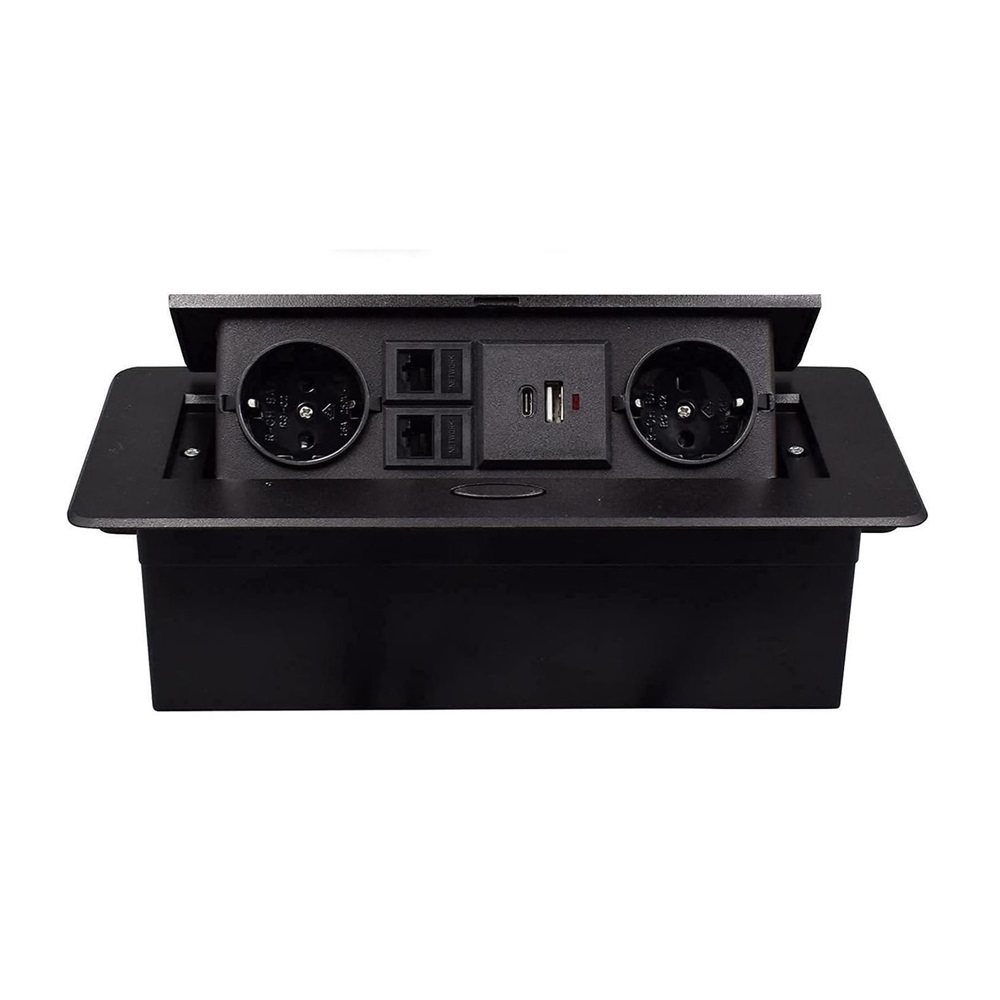 Multifunctional Desktop Socket, EU plug, 2 Sockets,1 USB,1 Type-C, 2 Network. Black
