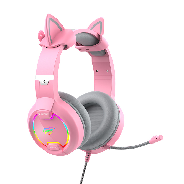 Gaming Headset Havit H2233d, 50mm driver, 20-20kHz, 20 Ohm, 100dB, 2.2m, 3.5mm+USB, RGB, Pink+Ears
