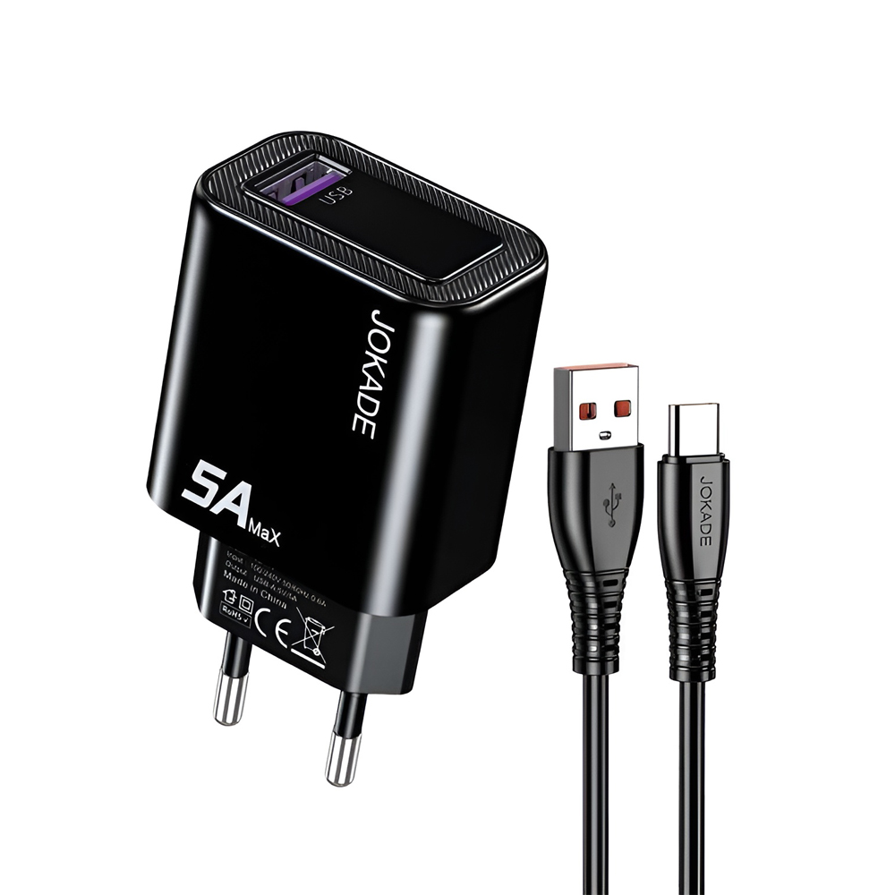 Jokade Wall Charger 1*USB-A with Cable USB-A to Type-C 5A, JB141, Black