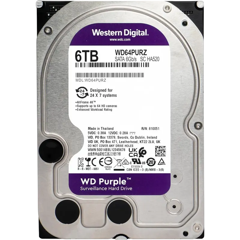Жесткий диск Western Digital WD Purple, 3.5", 6 ТБ, WD64PURZ