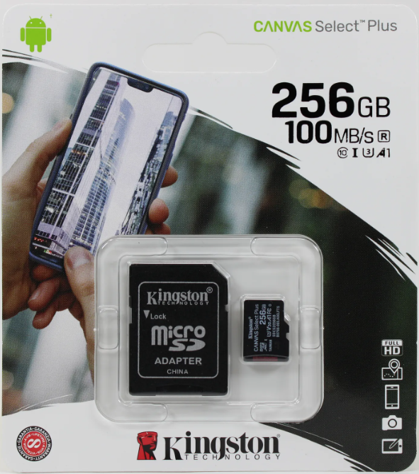 256GB microSD Class10 A1 UHS-I + SD adapter Kingston Canvas Select Plus, 600x, Up to: 100MB/s, клавиатуры ,мышки ,веб камера ,коврики ,флешки , 16gb, 32gb,64gb,128gb,256gb,512,microsd,sd