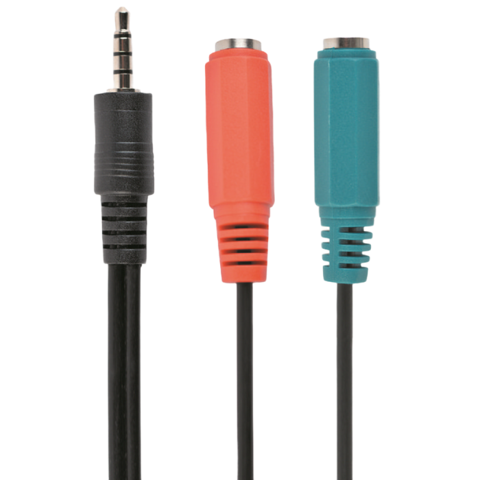 CCA-417 3.5 mm 4-pin plug to 3.5 mm stereo + microphone sockets adapter cable, 20cm, Black