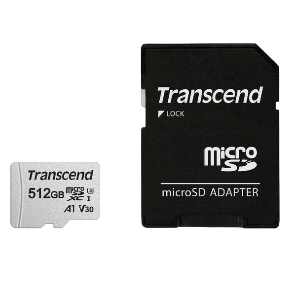 .512GB MicroSD (Class 10) UHS-I (U3) +SD adapter,  Transcend "TS512GUSD300S" (R/W:95/45MB/s)