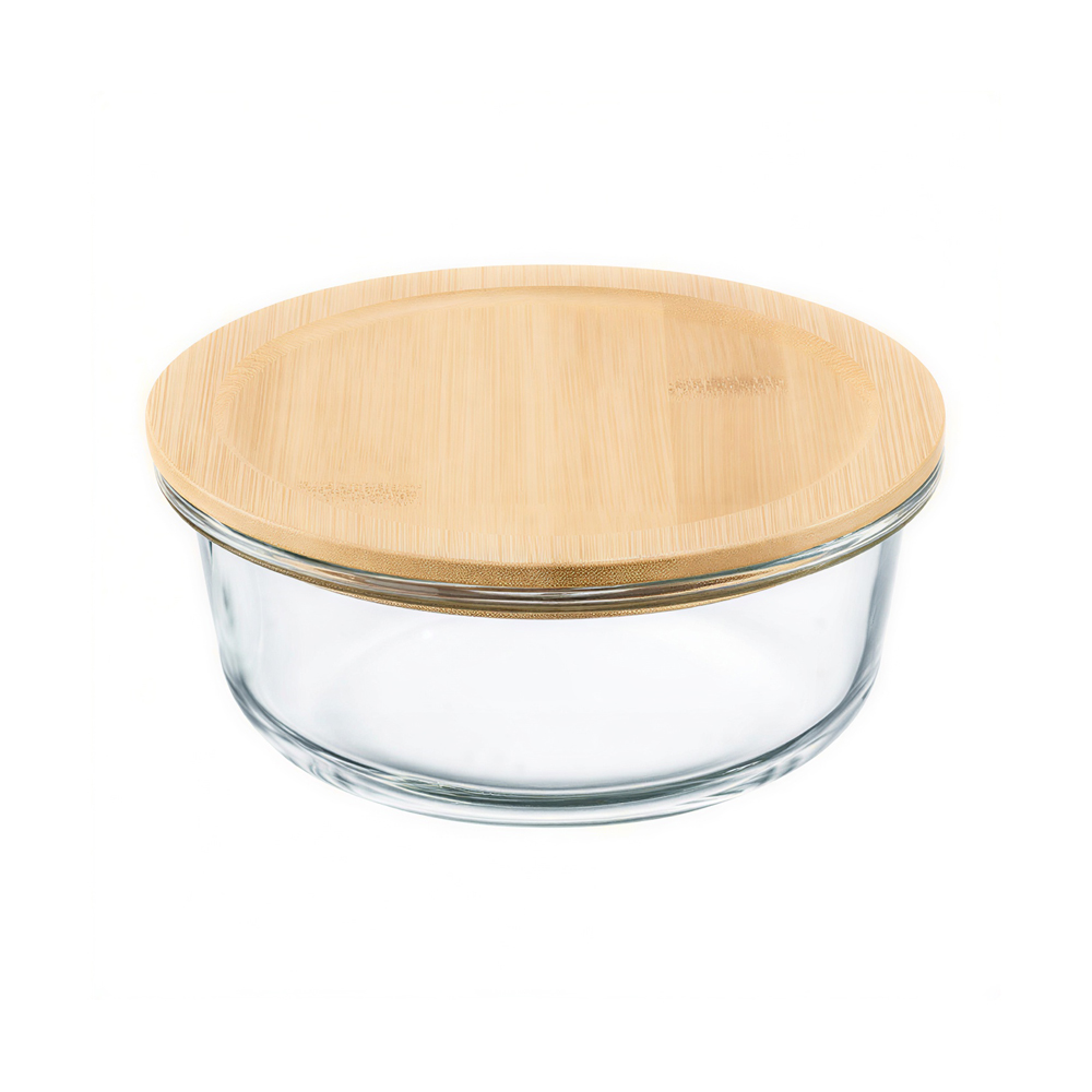 Ambition, Round Borosilicate Glass Container With Bamboo Cover, Natural, 600 Ml, Glass, Wood