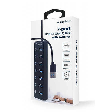 USB 3.0 Hub 7-port with switches, Cable 24 cm, Gembird "UHB-U3P7P-01", Black USB 3.0 Hub 7-port with switches, Cable 24 cm, Gembird "UHB-U3P7P-01", Black