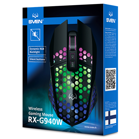 Gaming Wireless Mouse SVEN RX-G940W, 800-3600 dpi, 7 buttons, 98g., Ambidextrous, Silent, RGB, 600mA