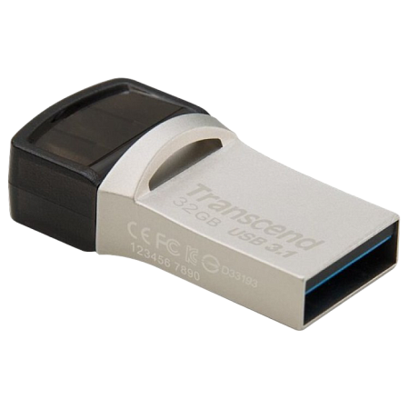   32GB USB3.1/Type-C Flash Drive  Transcend "JetFlash 890", Silver, Metal Case, OTG (R/W:90/25MB/s)