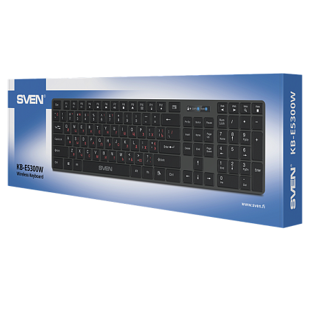 Wireless Keyboard SVEN KB-E5300W, Fn keys, 5 shortcut keys, Battery indicator., 2xAAA, 2.4Ghz, EN/RU