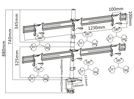 Table/desk stand for 6 monitors Reflecta PLANO Desk 23-1010S, 13"-23 ", 75x75, 100x100, 8kg/bracket. Table/desk stand for 6 monitors Reflecta PLANO Desk 23-1010S, 13"-23 ", 75x75, 100x100, 8kg/bracket.