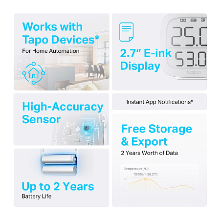 Датчик температуры и влажности TP-LINK Tapo T315, Белый Датчик температуры и влажности TP-LINK Tapo T315, Белый