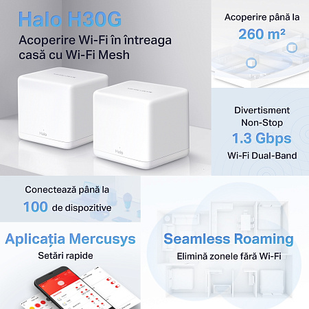 Whole-Home Mesh Dual Band Wi-Fi AC System MERCUSYS, "Halo H30G(2-pack)", 1300Mbps,MU-MIMO,Gbit Ports Whole-Home Mesh Dual Band Wi-Fi AC System MERCUSYS, "Halo H30G(2-pack)", 1300Mbps,MU-MIMO,Gbit Ports