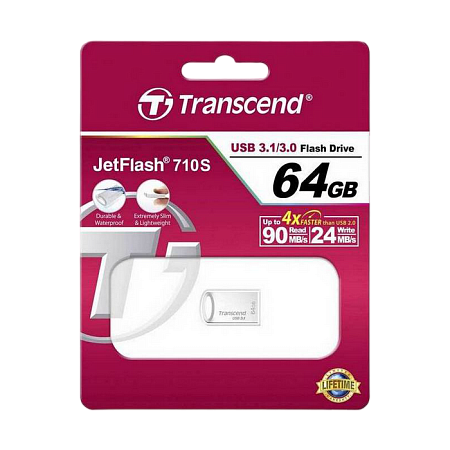  64GB USB3.1 Flash Drive Transcend "JetFlash 710S", Silver, Metal Case, Ultra-Slim (R/W:90/30MB/s)