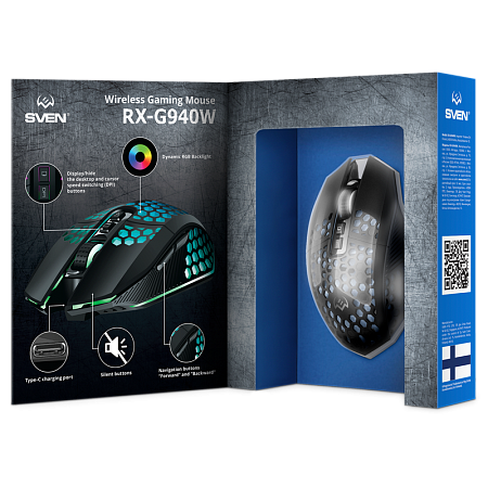 Gaming Wireless Mouse SVEN RX-G940W, 800-3600 dpi, 7 buttons, 98g., Ambidextrous, Silent, RGB, 600mA