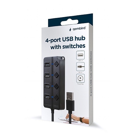 USB 2.0 Hub 4-port with switches, cable 80 cm, Gembird "UHB-U2P4P-01", Black USB 2.0 Hub 4-port with switches, cable 80 cm, Gembird "UHB-U2P4P-01", Black