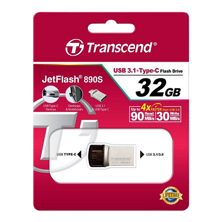   32GB USB3.1/Type-C Flash Drive  Transcend "JetFlash 890", Silver, Metal Case, OTG (R/W:90/25MB/s)