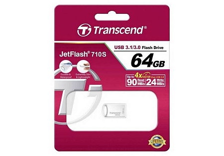  64GB USB3.1 Flash Drive Transcend "JetFlash 710S", Silver, Metal Case, Ultra-Slim (R/W:90/30MB/s)