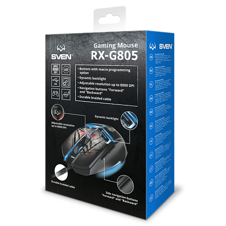Gaming Mouse SVEN RX-G805, 500-8000 dpi, 6 buttons, 149g., Ambidextrous, Programmable, RGB, 1.8m, US Gaming Mouse SVEN RX-G805, 500-8000 dpi, 6 buttons, 149g., Ambidextrous, Programmable, RGB, 1.8m, US