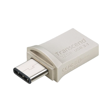   32GB USB3.1/Type-C Flash Drive  Transcend "JetFlash 890", Silver, Metal Case, OTG (R/W:90/25MB/s)