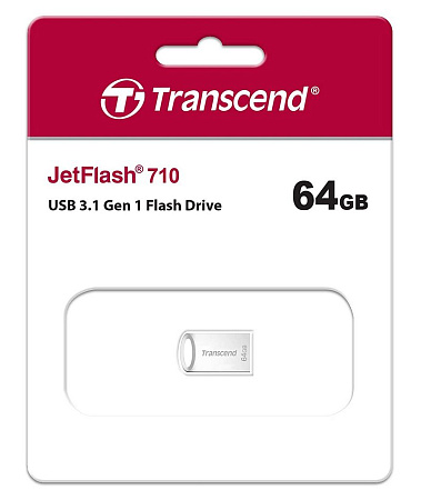  64GB USB3.1 Flash Drive Transcend "JetFlash 710S", Silver, Metal Case, Ultra-Slim (R/W:90/30MB/s)