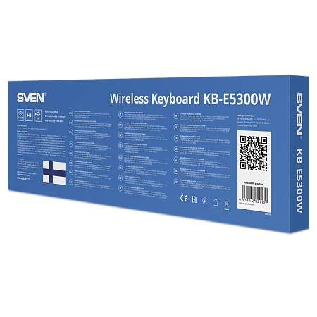 Wireless Keyboard SVEN KB-E5300W, Fn keys, 5 shortcut keys, Battery indicator., 2xAAA, 2.4Ghz, EN/RU