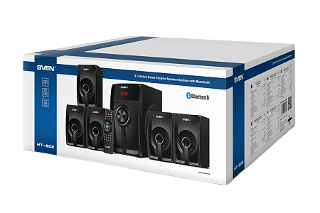 Audio System 5.1 SVEN "HT-202" 100w / 20w+5*16w, BLUETOOTH, USB, SD, FM, Display, RC, Black Audio System 5.1 SVEN "HT-202" 100w / 20w+5*16w, BLUETOOTH, USB, SD, FM, Display, RC, Black